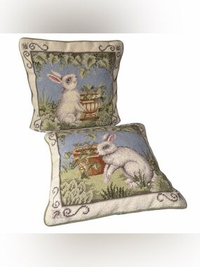 Bunny Rabbit Garden Needlepoint Pillow Set of 2 13"x13" Velvet Wool Zip Green